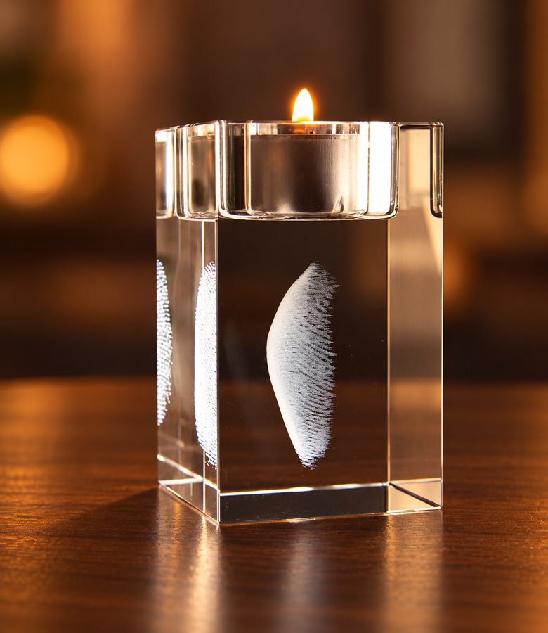 3D foto in glas - waxinelicht - vingerafdruk - zijaanzicht