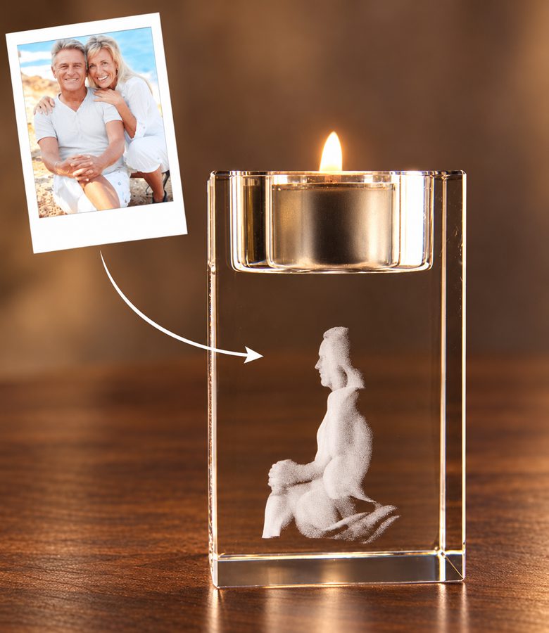 3D foto in glas - waxinelicht - 2 portretten - zijaanzicht