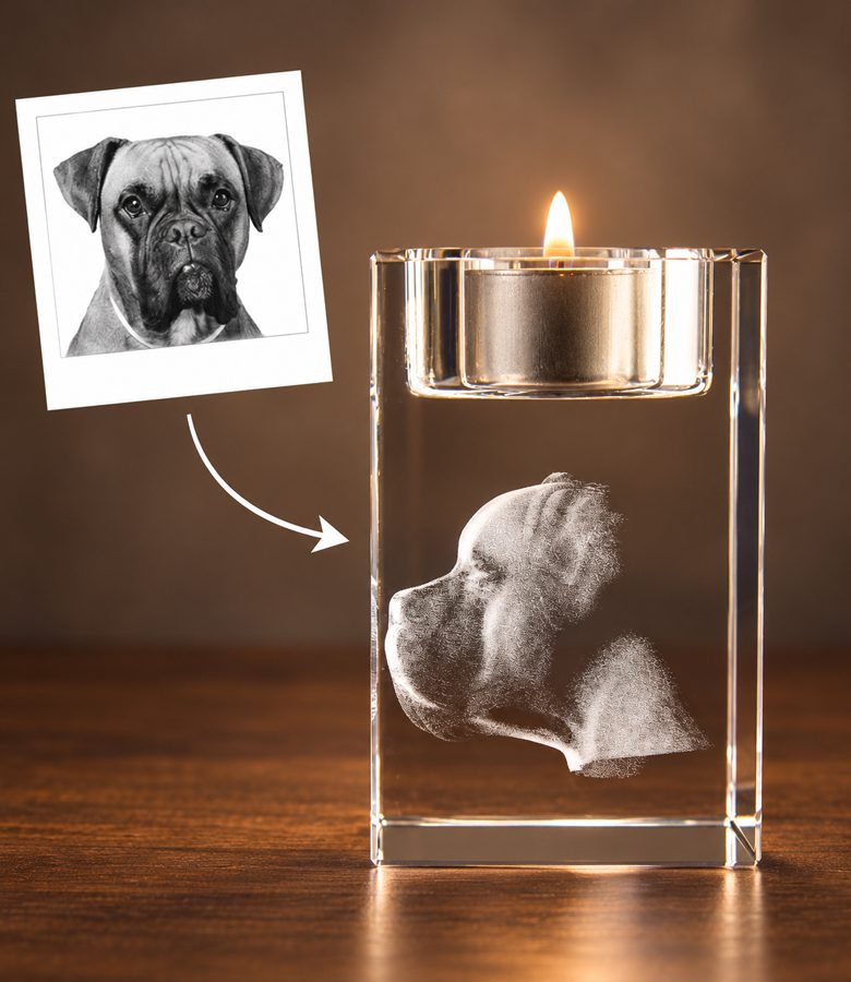 3D foto in glas - waxinelicht - huisdier -hond - zijaanzicht