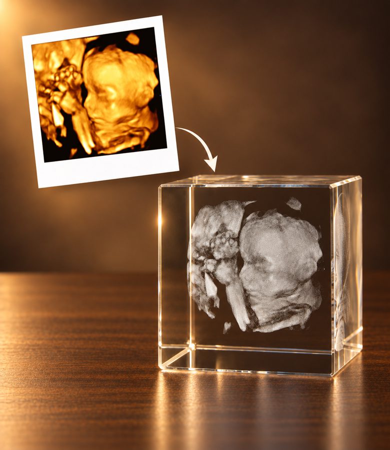 3D foto in glas - kubus - 5x5x5cm - originele foto - geboorte echo