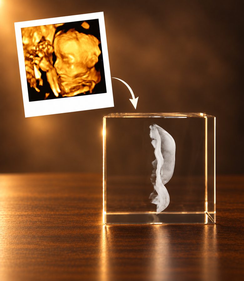 3D foto in glas - kubus - 5x5x5cm - originele foto - geboorte echo - zijaanzicht