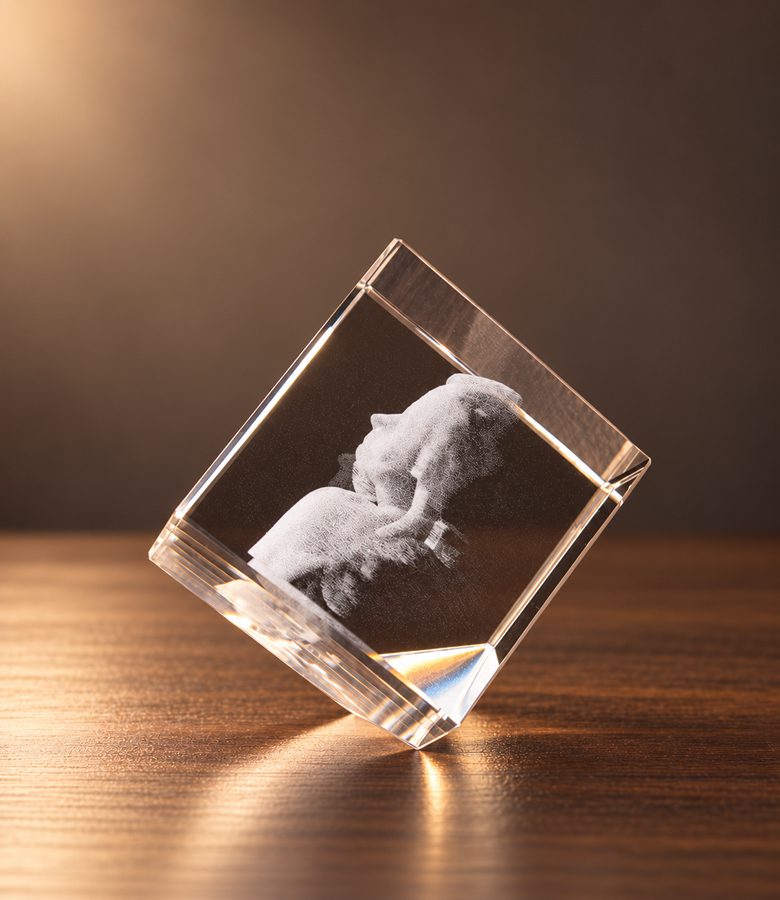 3D foto in glas - kubus staand op een hoek - zijaanzicht