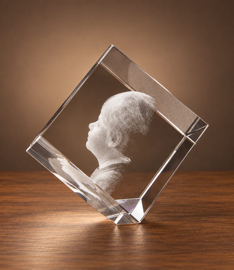 3D foto in glas - kubus staand op een hoek - zijaanzicht