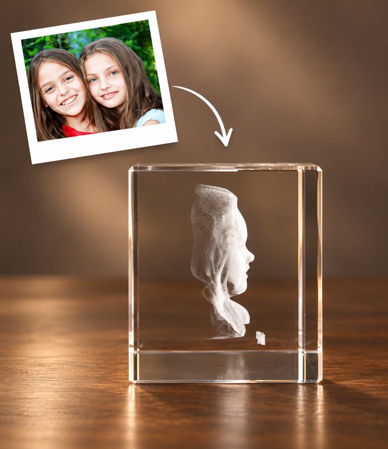 3D foto in glas - rechthoekig blok - 2 portretten - zijaanzicht