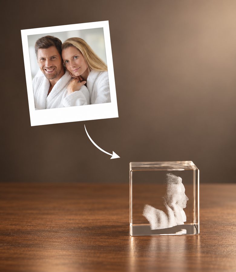 3D foto in glas - rechthoekig blok - 2 portretten - zijaanzicht