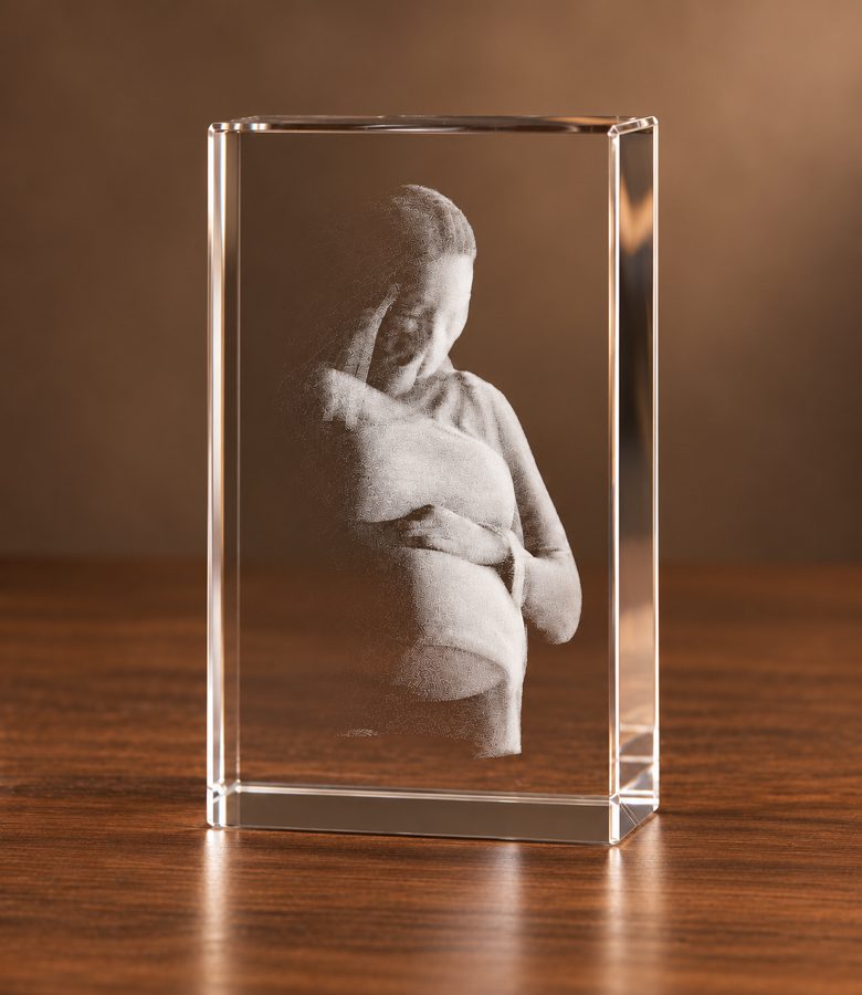 3D foto in glas - rechthoekig blok - 1 portret - zwangere buik - zijaanzicht