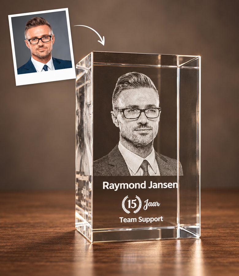 3D foto in glas - rechthoekig blok - 1 portret - jubileum