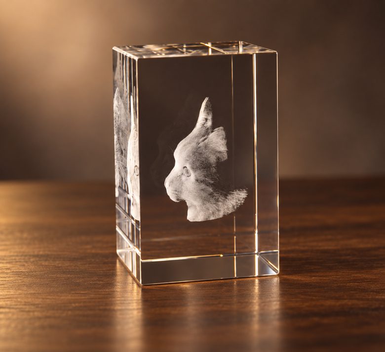 3D foto in glas - rechthoekig blok - huisdier - poes - zijaanzicht
