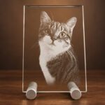 Foto in glas - Gegraveerde kat op glazen plaquette