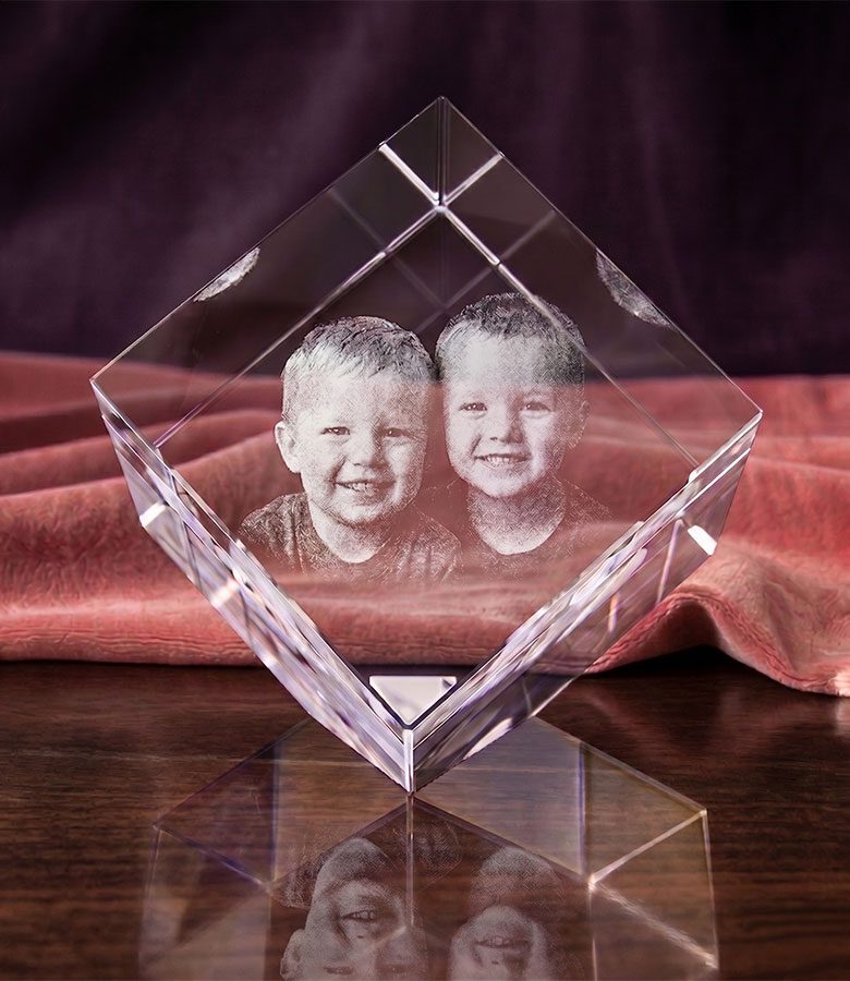 3D foto in glas - Kubus 6 cm staand op hoek - Kristal Glas