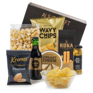 Kerstpakket Golden Tapas met rode wijn en serveerschaal