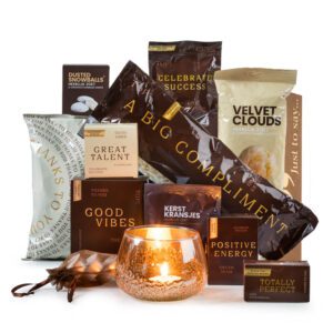 Kerstpakket Big Compliment met gouden theelichthouder