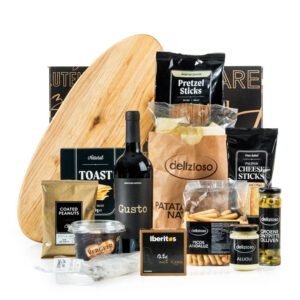 Kerstpakket Tapasplank XL met rode wijn en fuet
