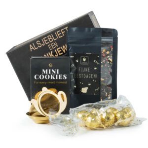 Kerstpakket TeaTime met gouden theezeef en losse thee