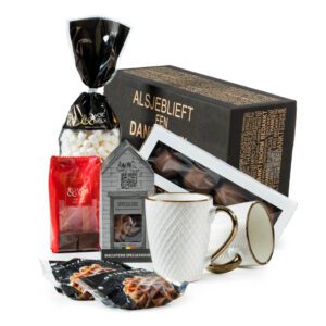 Kerstpakket Belgische Lekkernij met mokken en chocospoons